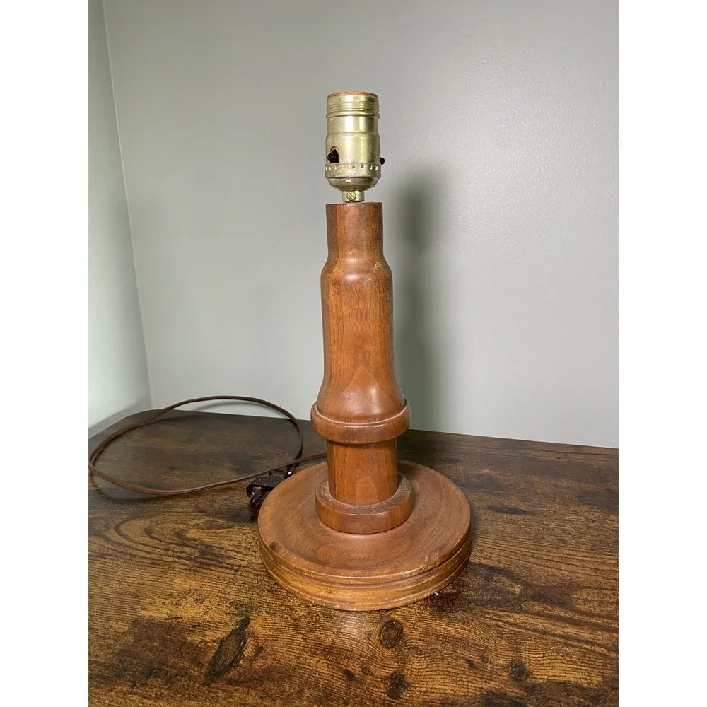 Vintage Hand Turned Wood Table Lamp Base Mid Century Brown Wooden Bedside Light